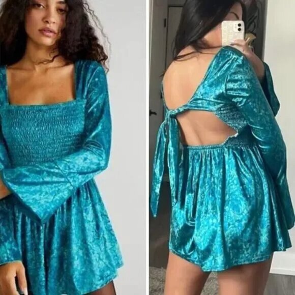 Free People Bali Tightrope Romper Size Large Turquoise Velvet Mermaidcore Boho - Picture 3 of 13